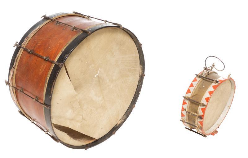 Pair of Rustic Drums: Pair of rustic drums, paint remnants, fabric and wooden 28.5" diameter x 16.5" deep/ Largest Condition: Damage to hoops and batter heads State-wide delivery is available for this item. Please email sh