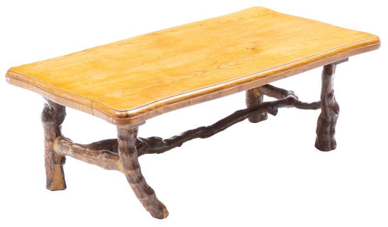 Live Edge Coffee Table: Oak coffee table atop live edge base, pine stretchered legs 13.5"h x 39"w x 20.5"d State-wide delivery is available for this item. Please email shipping@vogtauction.com or call 210-822-6155 for a quot