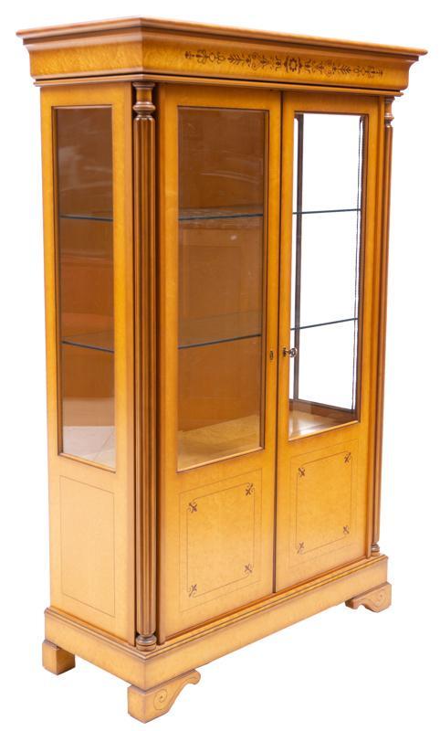 JP Ehalt Italian Renaissance-Style Curio Cabinet: JP Ehalt Italian Renaissance-style elm curio cabinet, parquetry inlay, 2-glazed doors open to shelved interior, glass shelves, marked JP Ehalt 72.5"h x 47.5"w x 20"d State-wide delivery is availa