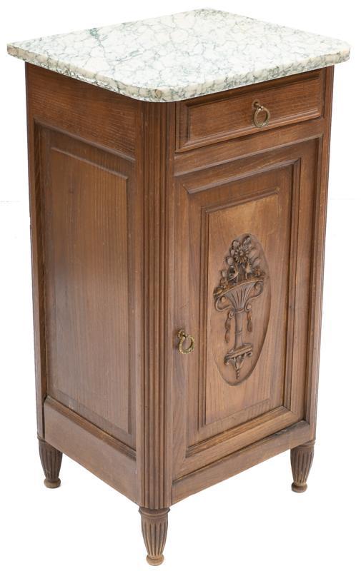 Louis XV Marble Top Night Stand: Louis XV marble top night stand, single-drawer, single-door, white marble, carved 32"h x 17"w x 14"d State-wide delivery is available for this item. Please email shipping@vogtauction.com or call 210-8