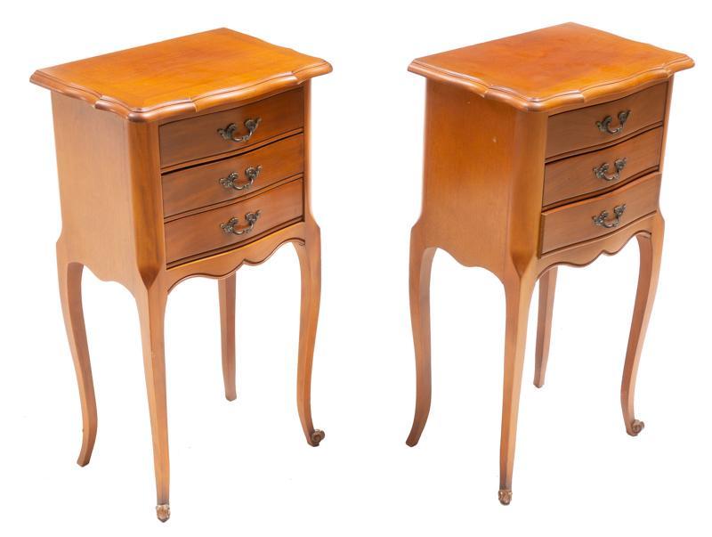 Pair of Louis XV Night Stands: Pair of Louis XV walnut night stands, cabriole lefs, 3-drawers, metal hardware 27"h x 15"w x 10.5"d/ each State-wide delivery is available for this item. Please email shipping@vogtauction.com or call 