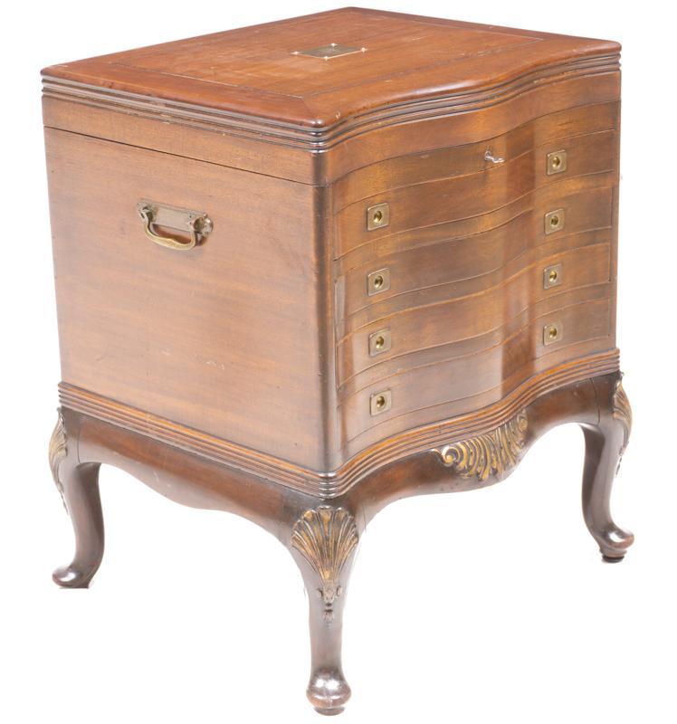 Chippendale-Style Cutlery Cabinet: Provenance: A Prominent Alamo Heights, TX Estate Chippendale-style cutlery cabinet, 4-drawers, single-hinged top, velvet interior, metal hardware, carved, dual handled, marked JHR 33.5"h x 29"w x 24.5
