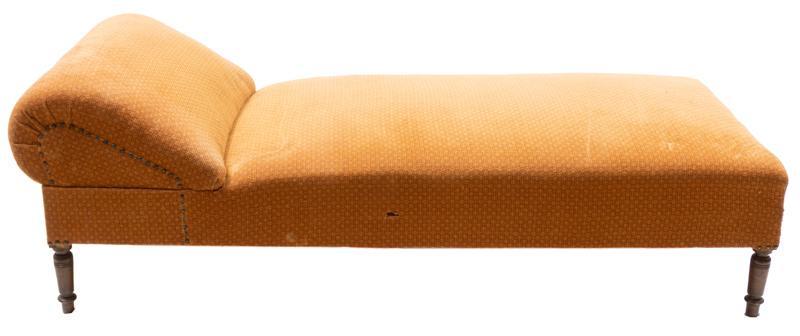 French Empire Chaise Lounge: French Empire chaise lounge, orange upholstery, stud accents, adjustable headrest, wooden frame 25.5"h x 73"w x 29.5"d State-wide delivery is available for this item. Please email shipping@vogtauction