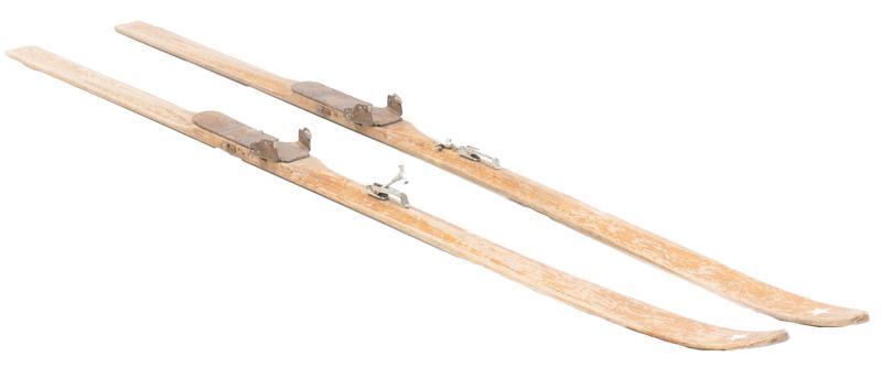 Vintage Wooden Skis: Vintage wooden skis, metal hardware 3"h x 88"w x 5"d/ each State-wide delivery is available for this item. Please email shipping@vogtauction.com or call 210-822-6155 for a quote. IN-HOUSE SHIPPING is 
