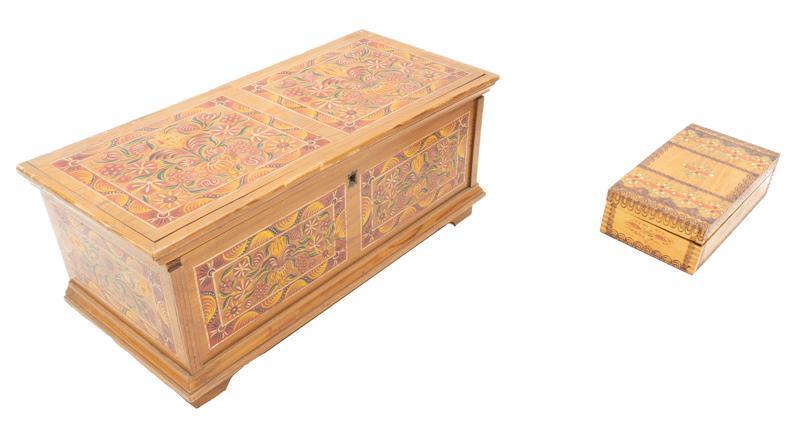 Pair of Italian Inlaid Trinket Boxes: Pair of Italian inlaid trinket boxes, hinged lids, colorful 7"h x 16.5"w x 8"d/ largest