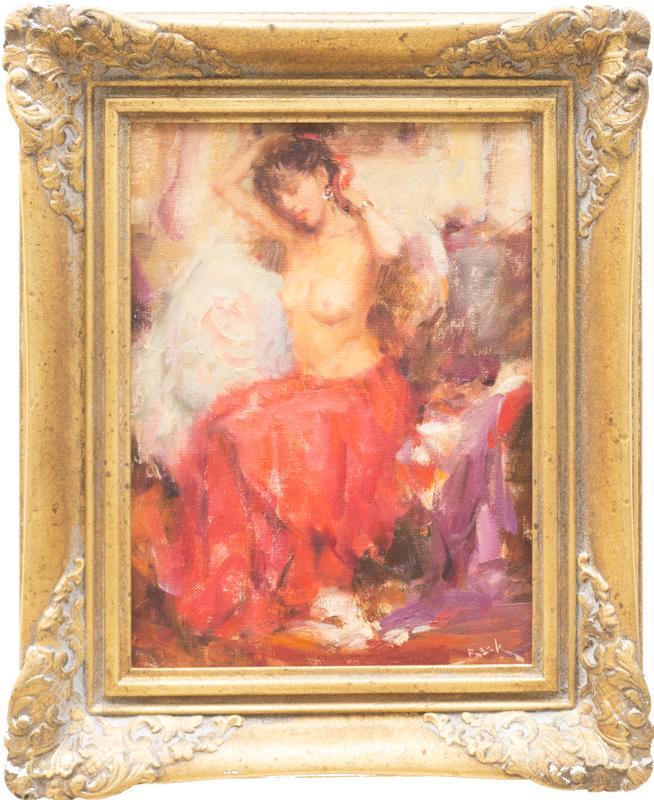 Dan Beck, "Nude in Red", Oil on Canvas Board: Dan Beck, "Nude in Red", Oil on Canvas Board, framed 12"h x 9"w