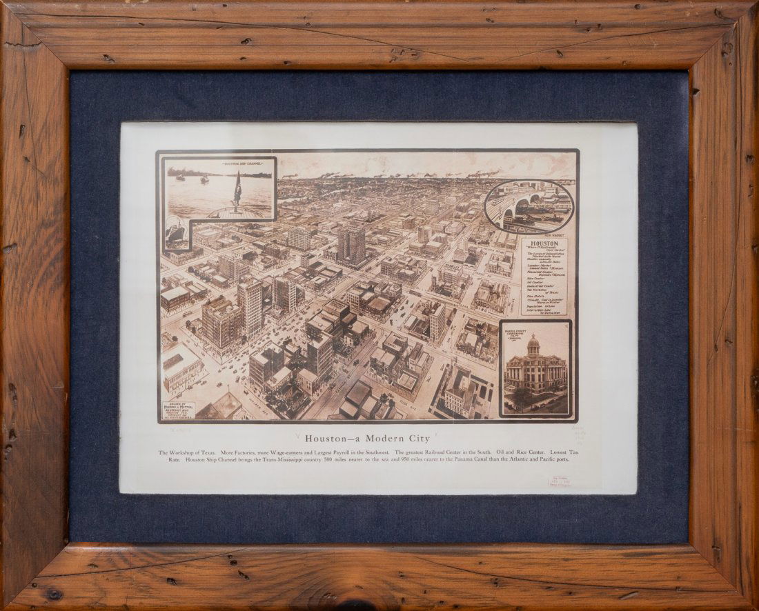 "Houston - A Modern City", Library of Congress, 1912: "Houston - A Modern City", Library of Congress stamped April 14, 1912, proof print, with handwritten notes, framed 21.5"h x 26.5"w State-wide delivery is available for this item. Please email shipping