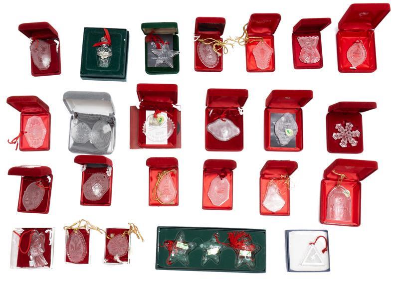 Lot of 27 Glass Christmas Ornaments, Includes Waterford: Provenance: The Estate of Mary Ann Delmer, San Antonio, TX Lot of 27 Christmas ornaments, includes Waterford, etc, with some cases 3.3"h x 2.5"w/ largest
