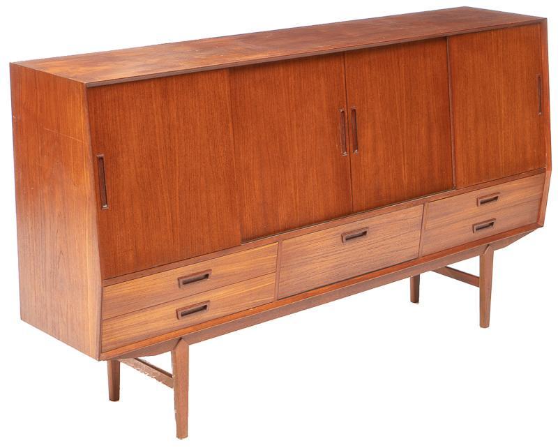 Mid-Century Danish Sideboard: Mid-Century Danish sideboard, 4-sliding doors open to shelved and mirrored interior, 4-drawers, single-drop front door, pin legs 45"h x 78.5"w x 18.5"d Condition: White paint remnants on back top and 