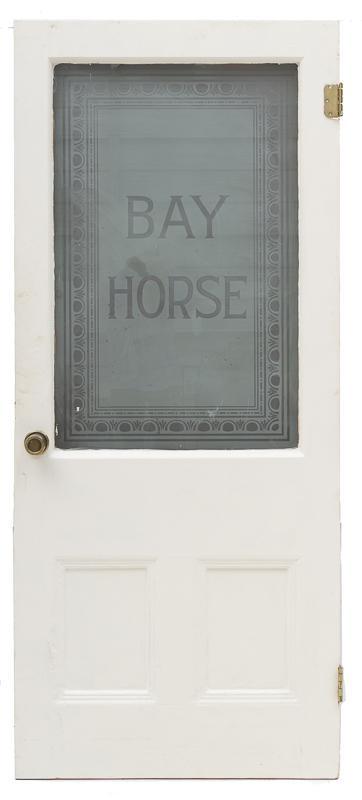 Architectural Door with Etched Glass Accents, Bay Horse: Provenance: The Estate of Earl Mayfield, San Antonio, TX Architectural door with etched glass accents, Bay Horse, metal hardware, wooden frame 78"h x 34"w Note: Our stained glass is sold "where-is, as