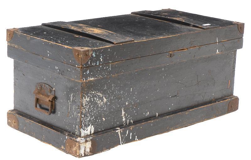 Farmhouse Tool Box: Farmhouse tool box, wooden banded with metal corners, dual handles, hinged lid, internal compartments 15"h x 32"w x 16"d State-wide delivery is available for this item. Please email shipping@vogtaucti