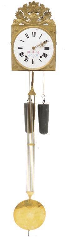 Vintage Morbier Clock: Vintage morbier clock, wall hanging, includes weights and pendulum, floral motif 17"h x 11"w x 7"d