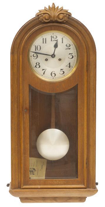 Vintage Danish Regulator Clock: Vintage Danish Regulator clock, wall hanging, wooden encasement, with pendulum 32"h x 14"w x 6"d State-wide delivery is available for this item. Please email shipping@vogtauction.com or call 210-822-6