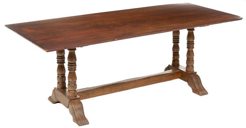 Dining Table: Dining table, stretchered legs, claw feet, twin baluster pedestal to each side 29"h x 78.5"w x 37"d State-wide delivery is available for this item. Please email shipping@vogtauction.com or call 210-82