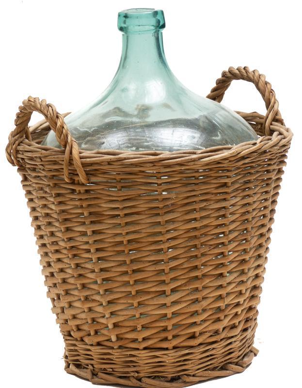 Vintage Hand Blown Glass Carboy in Basket: Vintage hand blown glass carboy in wicker basket, blue glass, dual handled 22"h x 18"w