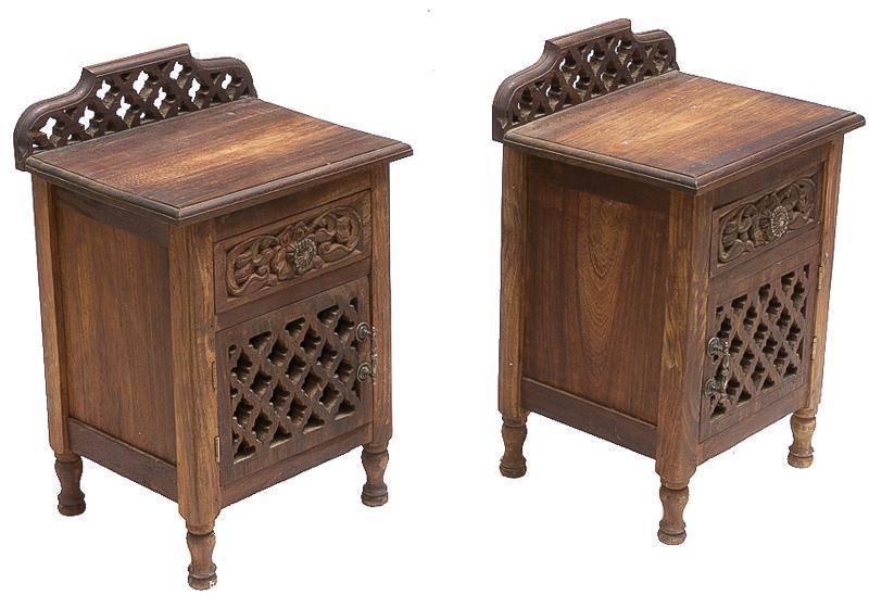 Pair of Lattice-Work Bedside Cabinets: Pair of lattice-work bedside cabinets, carved accents, single-door, single-drawer 26.5"h x 17"w x 14"d/ each State-wide delivery is available for this item. Please email shipping@vogtauction.com or ca