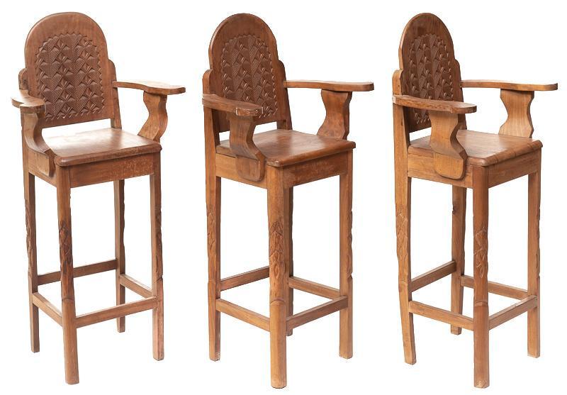 Set of 3 Carved Arts & Crafts Bar Stools: Set of 3 carved Arts & Crafts bar stools, stretchered legs, featuring carved animals scenes to reverse 51"h x 24.5"w x 19"d/ each State-wide delivery is available for this item. Please email shipping@