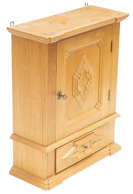 Vintage Wooden Wall Hanging Cabinet: Vintage wooden wall hanging cabinet, signed on back "N. Beck 1978", carved geometric pattern to front, single-door, single-drawer, metal hardware, includes key 27"h x 22"w x 9"d State-wide delivery is