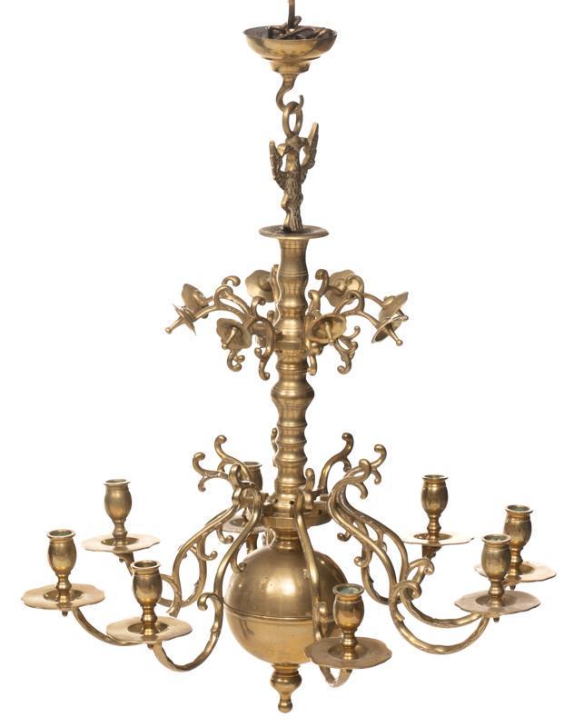 Baroque-Style Brass Chandelier: Baroque-style brass chandelier, 8-candle holders, eagle finial 28"h x 25"d State-wide delivery is available for this item. Please email shipping@vogtauction.com or call 210-822-6155 for a quote. IN-HO