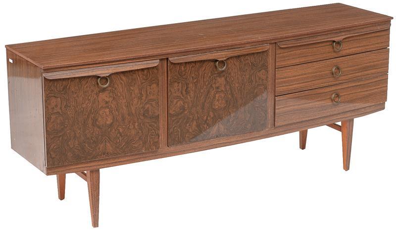 Mid-Century Sideboard: Mid-Century sideboard, pin legs, single-door and single-drop front door open to shelved interior, 3-drawers, metal hardware 30.5"h x 73"w x 17.5"d State-wide delivery is available for this item. Pleas