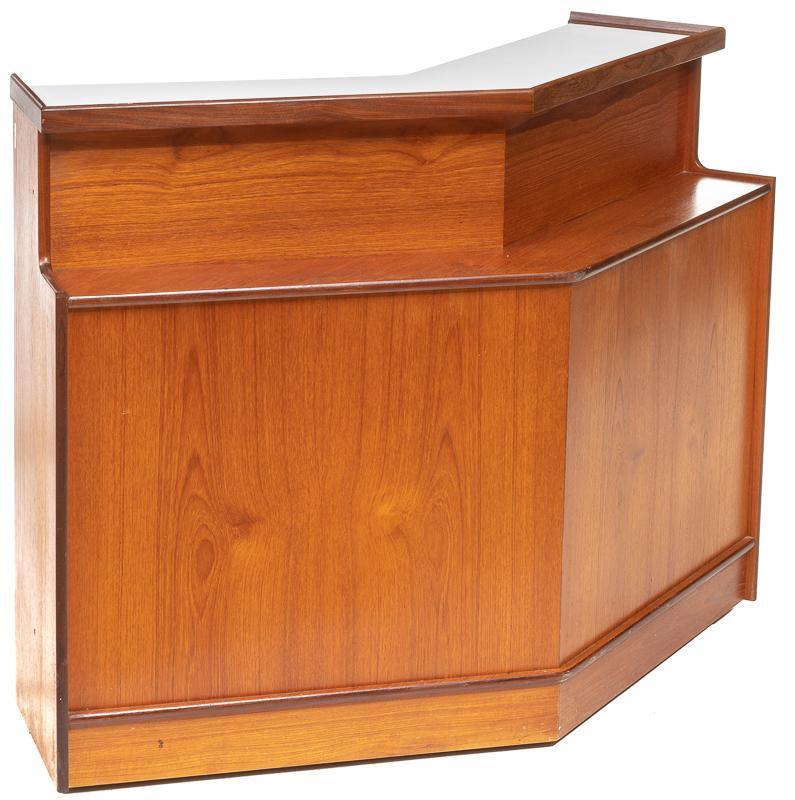 Mid-Century Bar: Mid-Century bar, 2-tiers, open back with shelving, raised bar, on casters, 2-sliding glass doors, 2-wooden doors, white formica top 39.5"h x 53"w x 16"d State-wide delivery is available for this item.