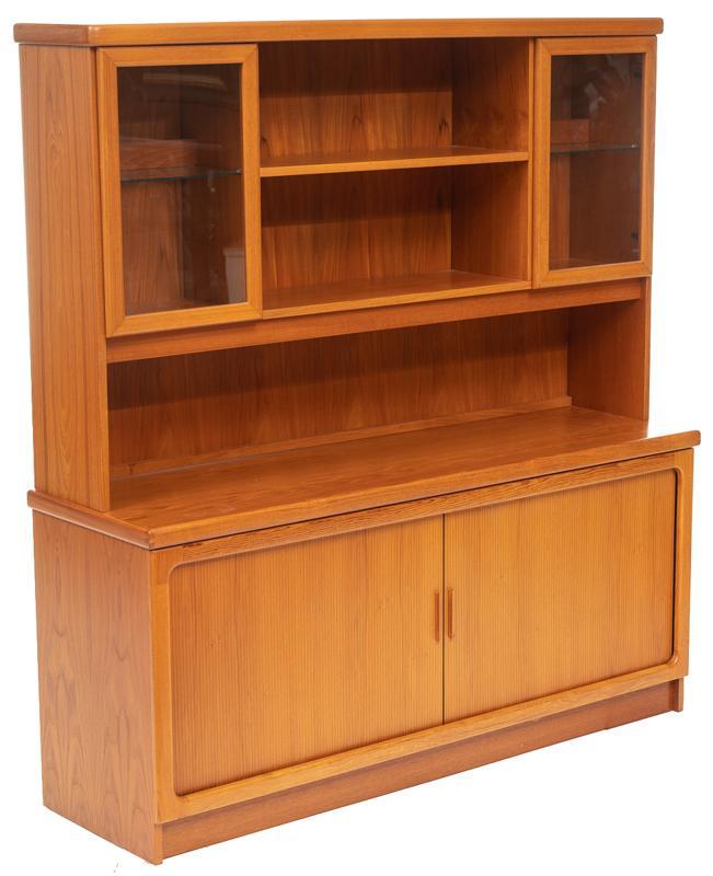 Mid-Century Danish Linneberg Display Cabinet: Mid-Century Danish Mobelfabrik "Christian Linnenberg" display cabinet, with makers mark, 2-glazed doors and 2-tambour doors open to shelved interior, single-drawer, open shelving 71"h x 66"w x 20"d St