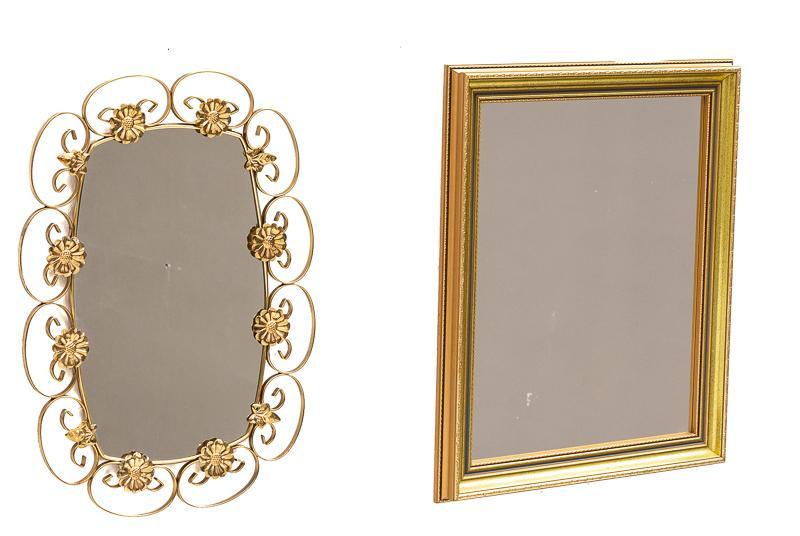 Mid-Century Wall Hanging Mirrors: Lot of 2 Mid-Century wall hanging mirrors, metal scrolled frame, wooden frame 24"h x 19"w/ largest