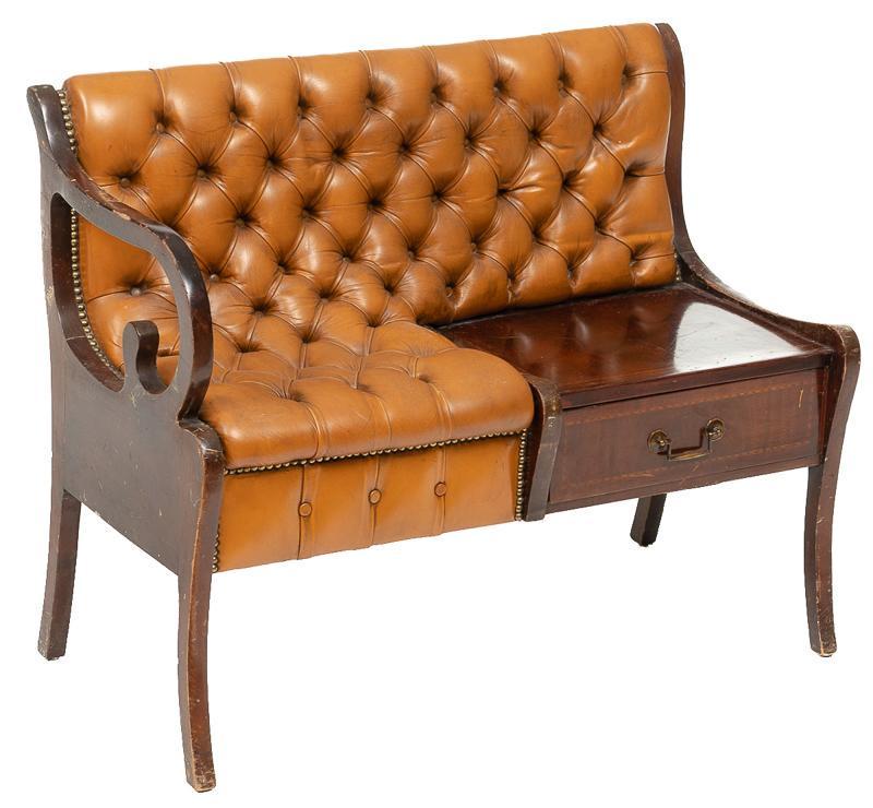 Telephone Bench: Leatherette and wooden telephone/gossip bench, wooden frame, stud accents, single-drawer, metal hardware, button back 30.5"h x 38"w x 19.5"d State-wide delivery is available for this item. Please emai