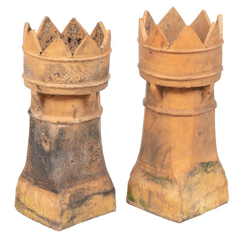 Pair of Crown Top Terracotta Chimney Pots: Pair of crown top terracotta chimney pots 31"h x 13.5"d/ each State-wide delivery is available for this item. Please email shipping@vogtauction.com or call 210-822-6155 for a quote. IN-HOUSE SHIPPING 