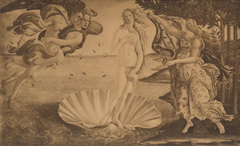 Sandro Botticelli (1445-1510), "The Birth of Venus": Sandro Botticelli (1445-1510), "The Birth of Venus", reproduction on board, framed 17.5"h x 25.5"w State-wide delivery is available for this item. Please email shipping@vogtauction.com or call 210-822