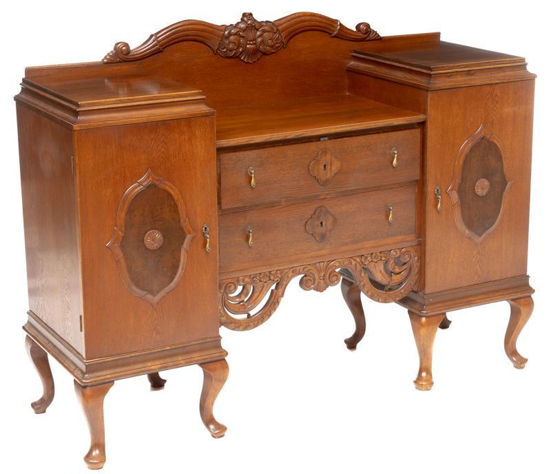Biedermeier Sideboard: Biedermeier sideboard, 2-doors open to shelved interior, 3-drawers, carved mantle and apron, cabriole legs 51"h x 68.5"w x 22"d Condition: One door is locked, does not include key State-wide delivery 