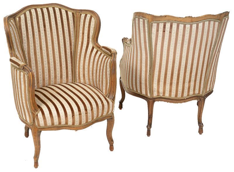 Pair of Louis XVI Bergere Arm Chairs: Pair of Louis XVI bergere arm chairs, velvet striped upholstery, cabriole legs, wooden frame 37"h x 27"w x 27"d/ each State-wide delivery is available for this item. Please email shipping@vogtauction.