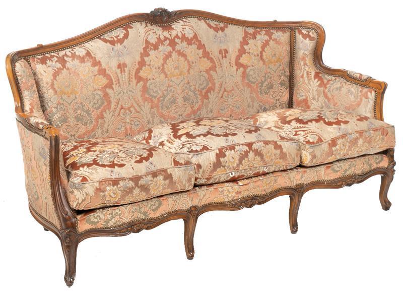 Louis XVI Settee: Louis XVI settee, 5-legs, carved wooden frame, floral velvet upholstery 35"h x 67"w x 29"d State-wide delivery is available for this item. Please email shipping@vogtauction.com or call 210-822-6155 fo