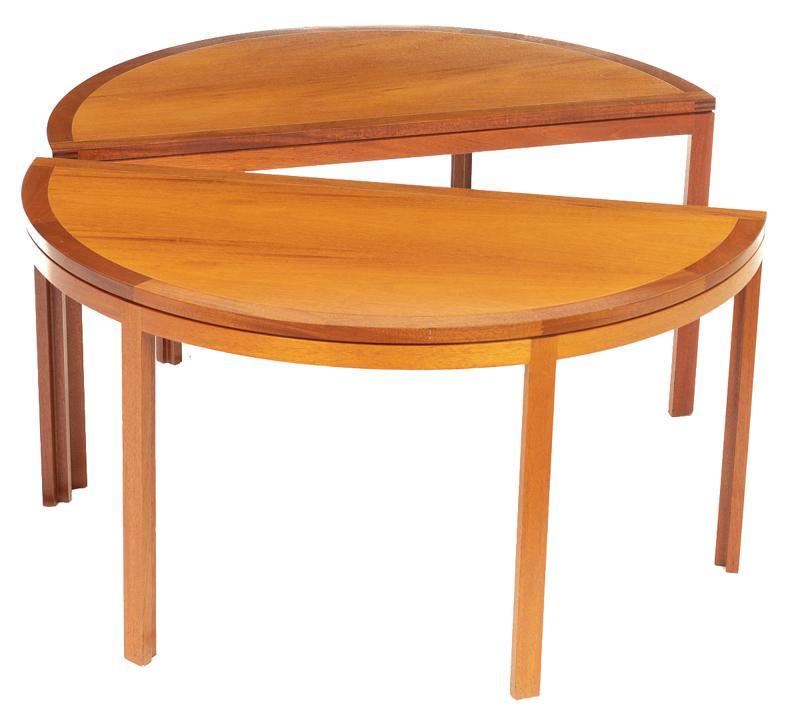 Circular Mid-Century Danish Soborg Mobler Dining Table: Circular Mid-Century Danish Soborg Mobler dining table, straight legs, separates to two parts and forms two demilune tables 28.5"h x 55"w x 27.5"d State-wide delivery is available for this i
