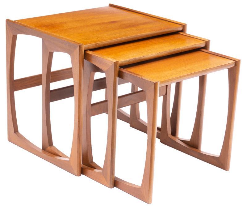 Nest of 3 Mid-Century G Plan Occasional Tables: Nest of 3 Mid-Century G Plan occasional tables, stretchered legs 19"h x 21"w x 16.5"d/ largest