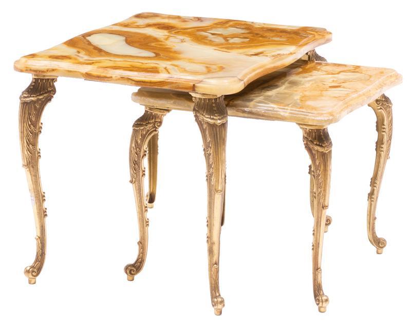 Pair of French Empire Onyx Top Nesting Tables: Pair of French Empire onyx top nesting tables, cabriole metal legs, brown/tan marble 14"h x 18"w x 14.5"d/ largest State-wide delivery is available for this item. Please email shipping@vogtauction.com