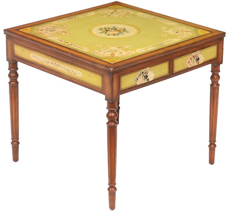 Vintage Game Table: Vintage game table, hand painted accents, 4-drawers, pull opens fold out table, backgammon and green velvet table top 29"h x 31.5"w x 31.5"d State-wide delivery is available for this item. Please emai