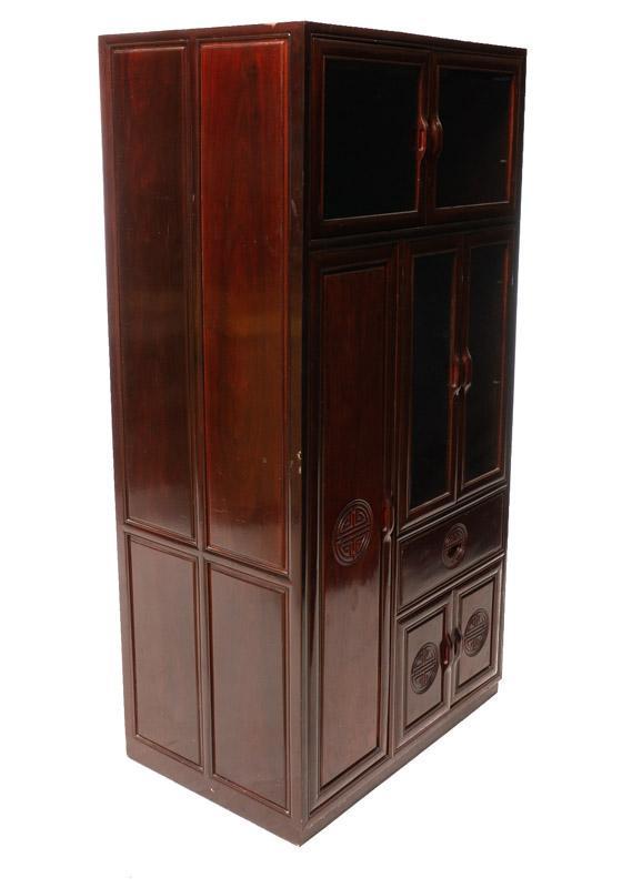 Asian-Style Cabinet: Provenance: An Olmos Park, TX Estate Asian-style cabinet, glazed doors, carved accents, wooden door pulls 72" tall x 36" wide x 24" deep State-wide delivery is available for this item. Please email sh