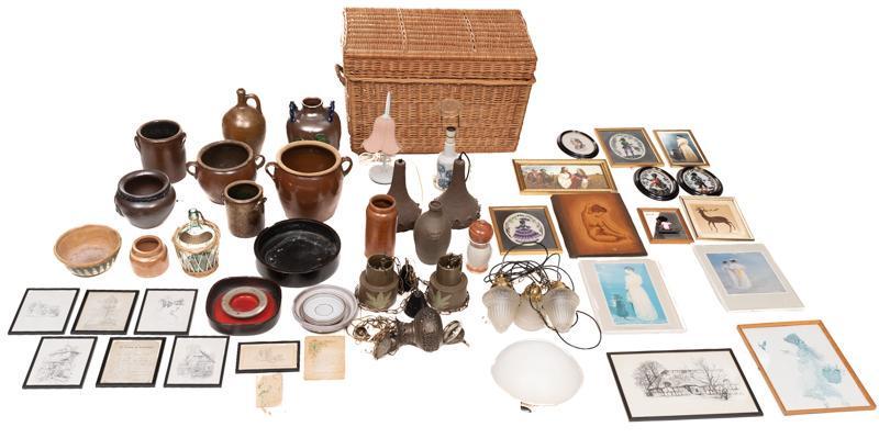 Lot of 53 Decorative Goods: Lot of 53 decorative goods including wicker basket, vintage pictures, lamps (wired European), Danish pottery, etc State-wide delivery is available for this item. Please email shipping@vogtauction.com 