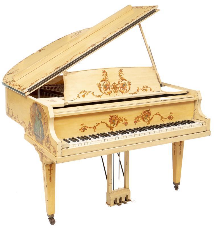 Rauworth Chicago Baby Grand Piano: Rauworth Chicago baby grand piano, hand painted French design, with replacement hammer, in good tune, on casters, approx. 400lb Provenance: A prominent Olmos Park, TX estate In-House Shipping & D