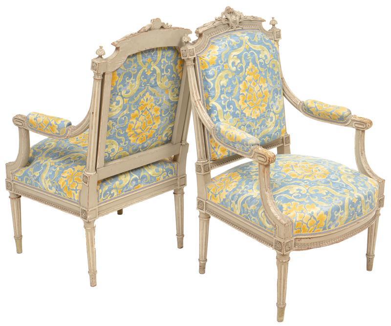 Pair of Louis XVI Fauteil Arm Chairs: Pair of Louis XVI fauteil arm chairs, turned legs, floral upholstery, stud accents 40.5"h x 24"w x 21"d/ each State-wide delivery is available for this item. Please email shipping@vogtauctio
