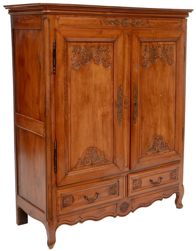 French Louis XV Armiore: French Louis XV armiore, 2-doors open to hanging section, 2-drawers, metal hardware, carved floral and eagle motif, 19th c 70"h x 54.5"w x 23"d State-wide delivery is available for this item. Ple