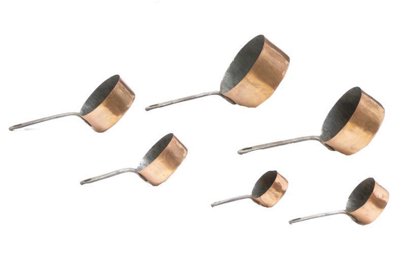 Set of 6 Farmhouse Copper Pots: Set of 6 farmhouse stacking copper pots, iron handles 7"h x 13"w x 6.5"d/ largest