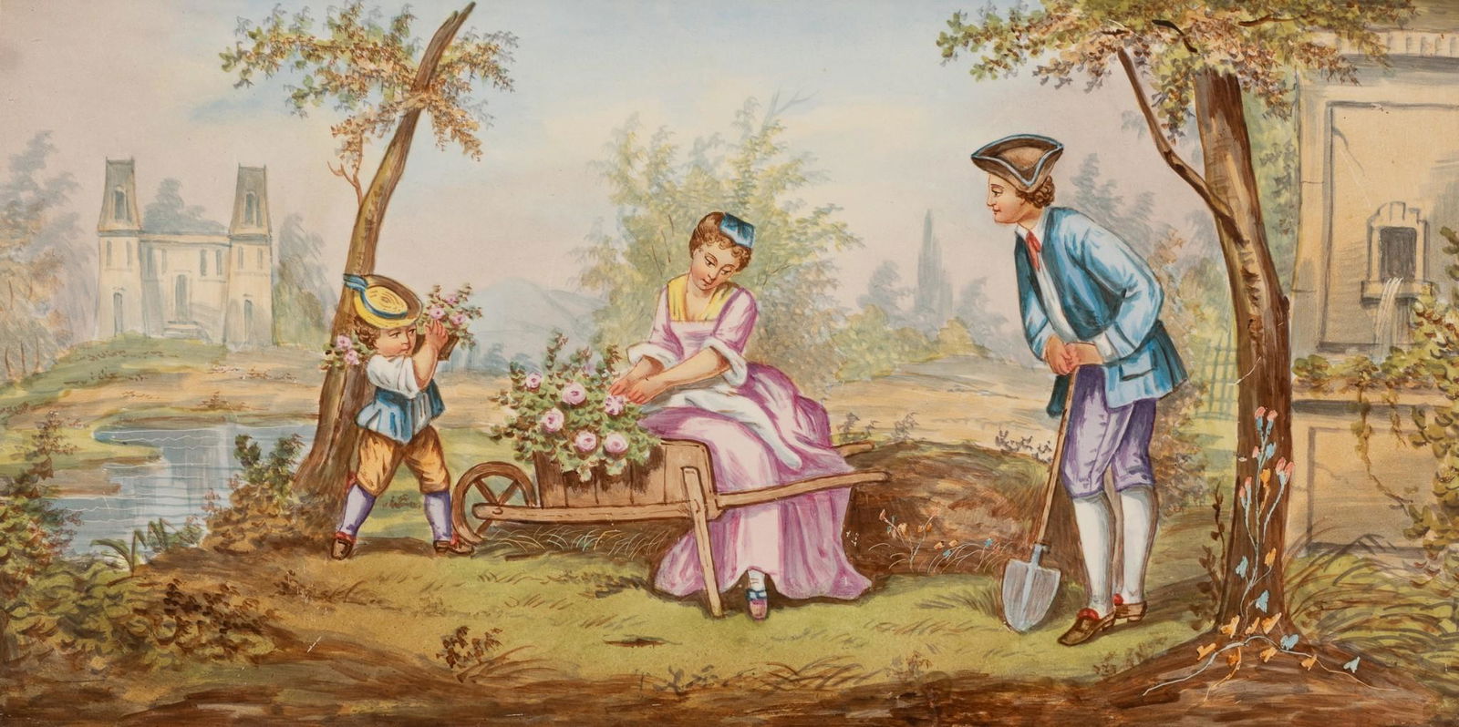 Framed Hand-Painted Porcelain Tile, Courtship Motif (1 of 3)