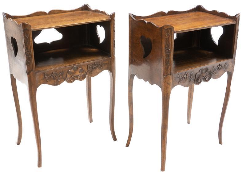 Pair of Rocaille-style Night Stands: Pair of French Rocaille-style night stands, heart motif, carved, cabriole legs, single-drawer 28"h x 19"w x 11"d State-wide delivery is available for this item. Please email shipping@vogtauction.com o