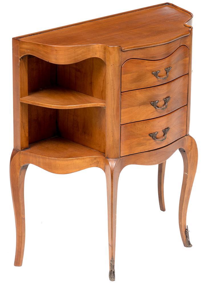 Louis XV Commode: Louis XV commode, 3-drawers, demilune, open shelving, cabriole legs, brass hardware and foot accents 29"h x 27"w x 12"d State-wide delivery is available for this item. Please email shipping@vogtauctio