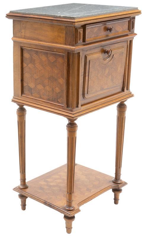 Napoleon III Period Marble Top Night Stand: Napoleon III Period marble top night stand, walnut, circa 1870, grey marble, single-drawer, single-door opens to porcelain lined interior, stretchered legs 34"h x 16"w x 13.5"d State-wide delivery is 