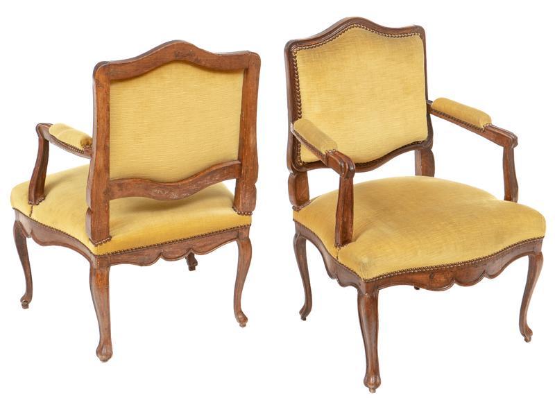 Pair of Louis XV Bergere Arm Chairs: Pair of Louis XV bergere arm chairs, green velvet upholstery, wooden frame, stud accents, cabriole legs 35.5"h x 24.5"w x 20"d/ each State-wide delivery is available for this item. Please email shippi