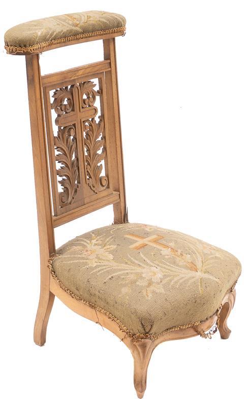 Vintage French Prayer Kneeler: Vintage French prayer kneeler, carved wooden frame, tapestry upholstery, stud accents 36"h x 19"w x 22"d Condition: Damage to upholstery and wood joist State-wide delivery is available for this item. 