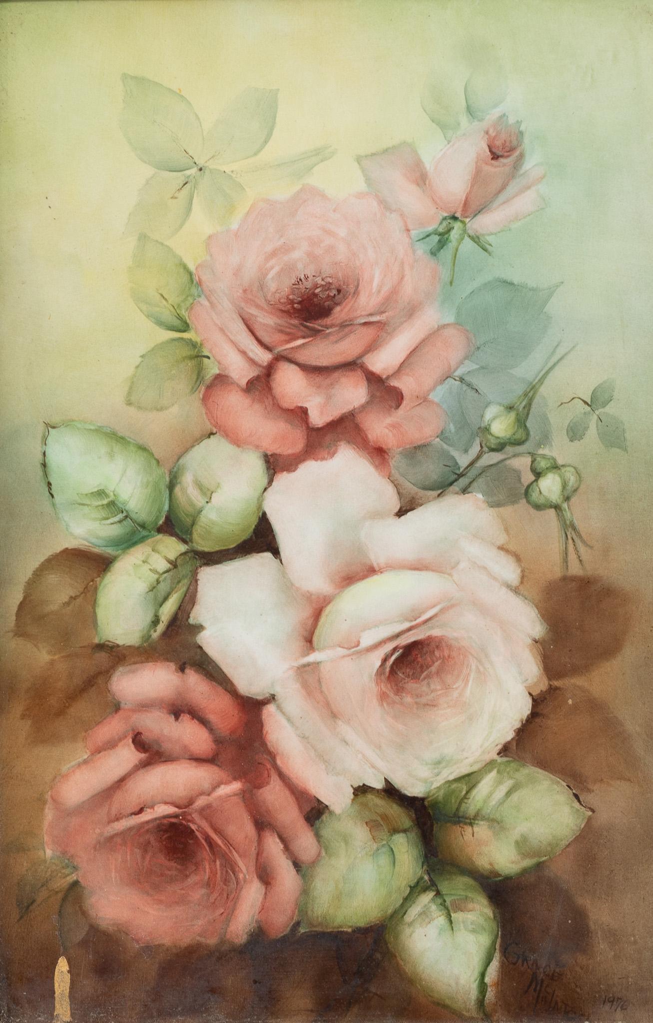 Roses, Framed Hand-Painted Porcelain: Roses, framed hand-painted porcelain 12"h x 8"w/ tile, 19.5"h x 15.5"w / frame Condition: Losses to frame throughout â€‹â€‹â€‹â€‹â€‹â€‹â€‹Provenance: The Estate of L